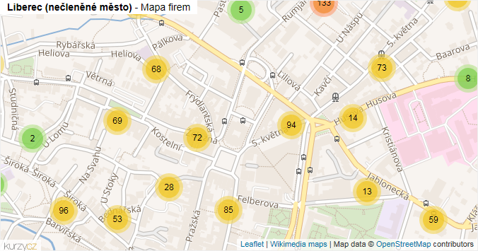 Mapa Liberec (nečleněné město) - Firmy v městské části.