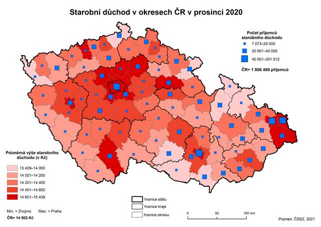 Kartogram: Starobní důchod v okresech ČR v prosinci 2020